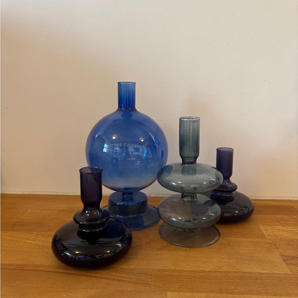 Anthropologie Bubble style Blue Glass Vases & Candle Holder- Set of 4